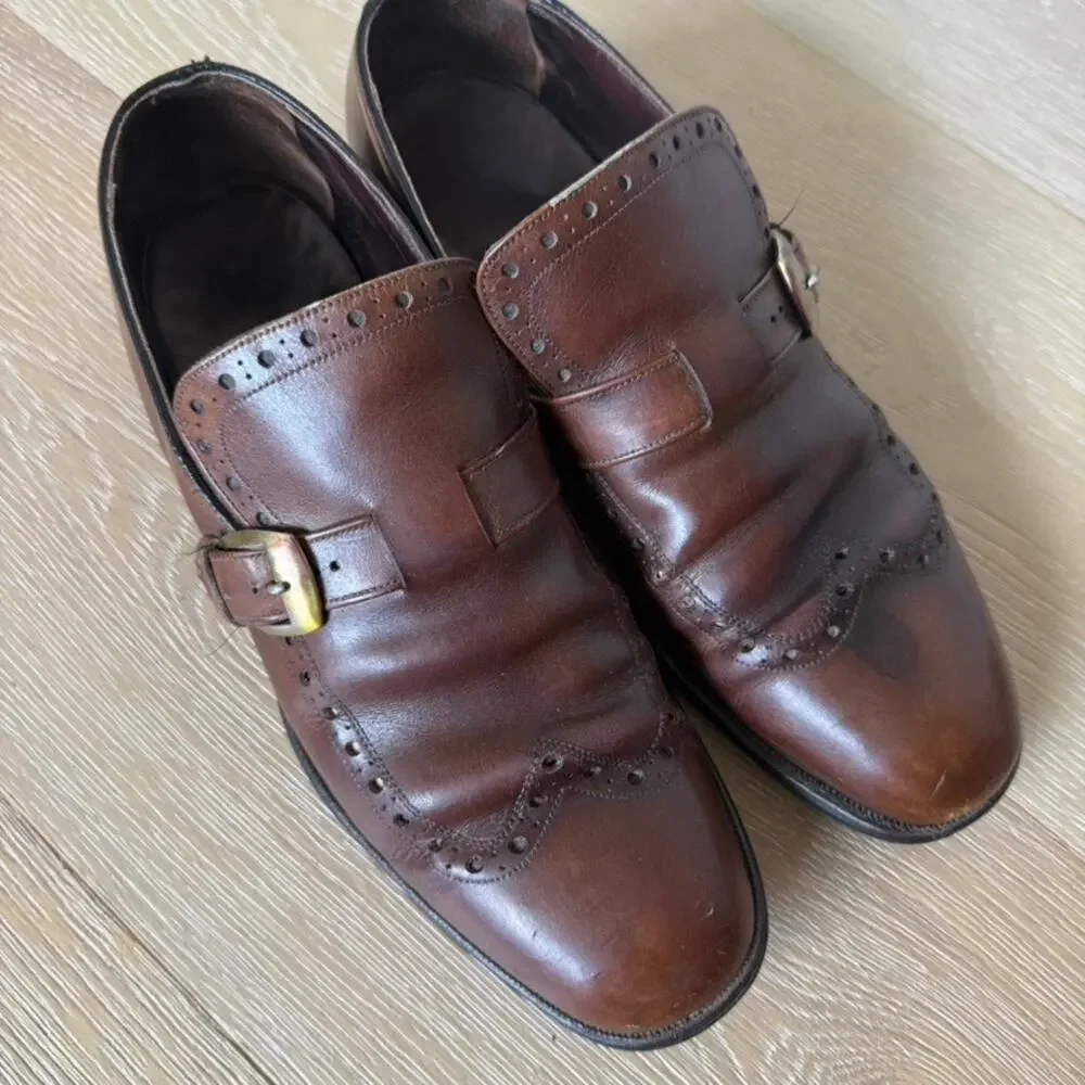 VTG Florsheim USA Blue Label Monk Strap Wingtip Dress Shoes Brown Men's Sz 9